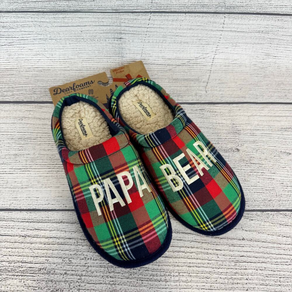 Dearfoams Men's Memory Foam Holiday Plaid Papa Bear Slippers Size 7/8